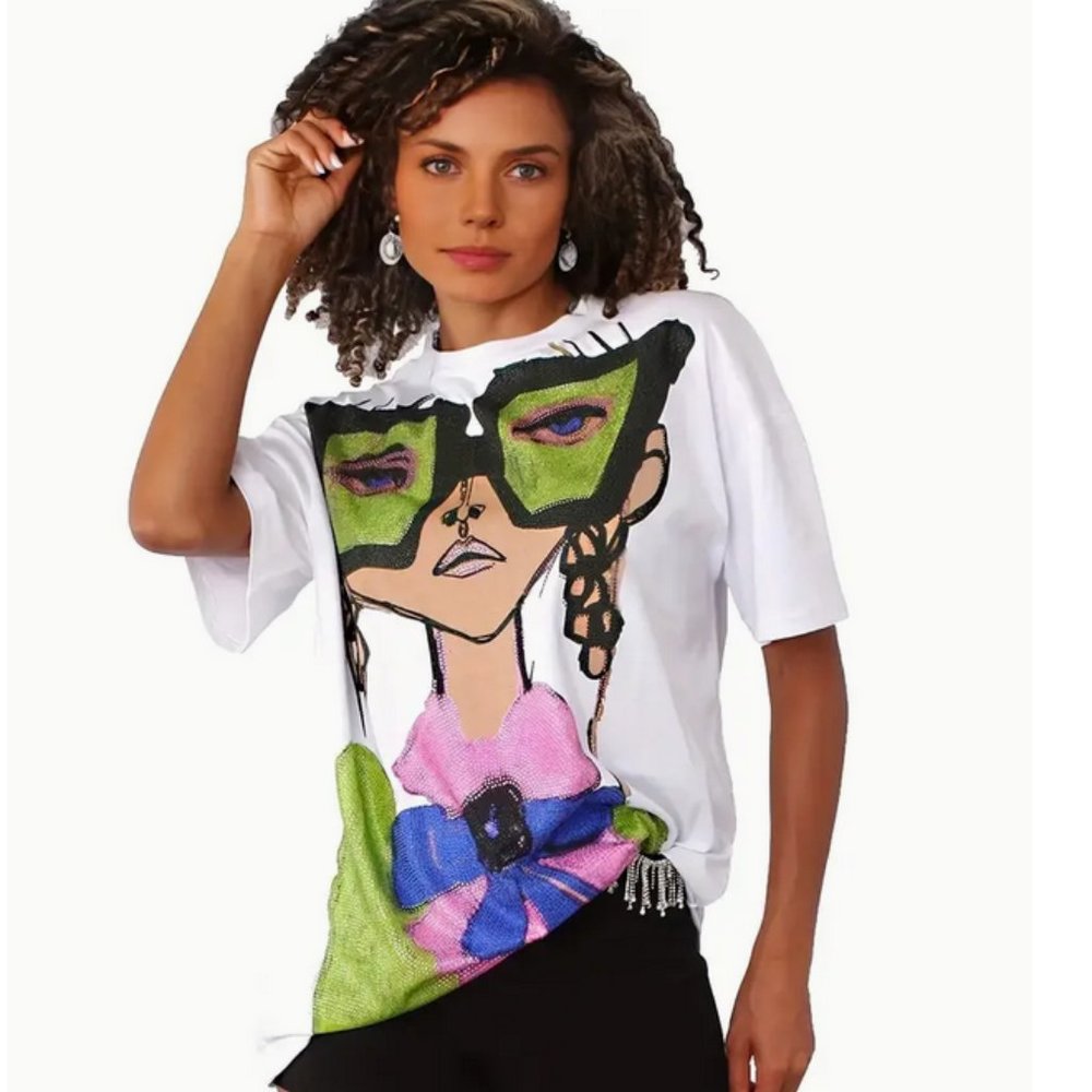 Temu Cartoon Figure Print Short Sleeve Round Neck T-shirt in White Size 0XL